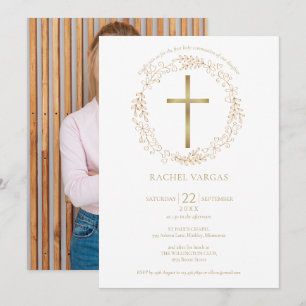 First Holy Communion Gold Cross Floral Photo Invitation