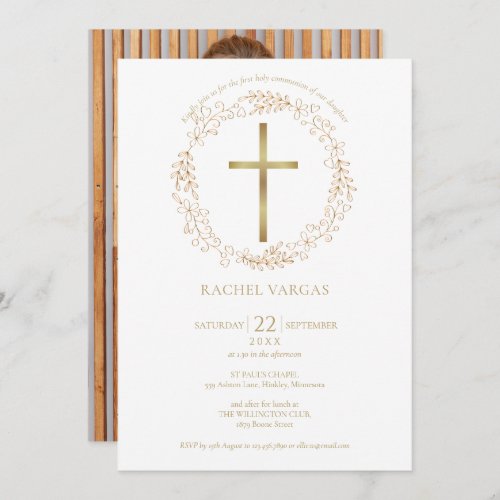 First Holy Communion Gold Cross Floral Photo Invitation