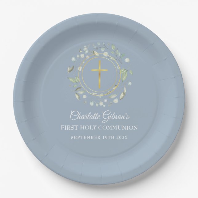 First Holy Communion Gold Cross Greenery Blue Paper Plates (Front)