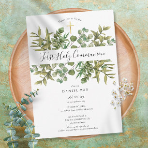 First Holy Communion Gold Cross Greenery Invitation