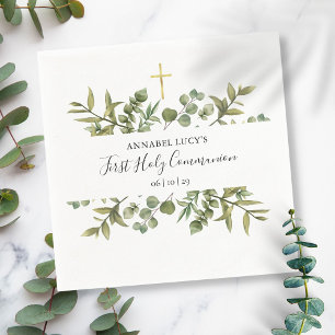 First Holy Communion Gold Cross Greenery Napkins
