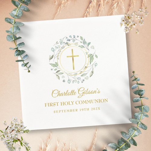First Holy Communion Gold Cross Greenery Napkins