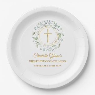First Holy Communion Gold Cross Greenery Paper Plates