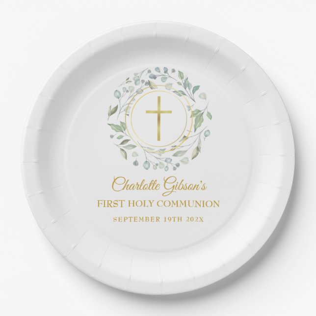 First Holy Communion Gold Cross Greenery Paper Plates (Front)