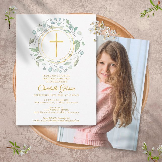 First Holy Communion Gold Cross Greenery Photo Invitation (Creator Uploaded)