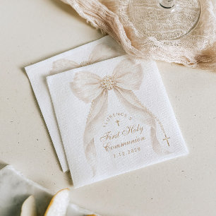 First Holy Communion Gold Cross Ivory Bow Napkins