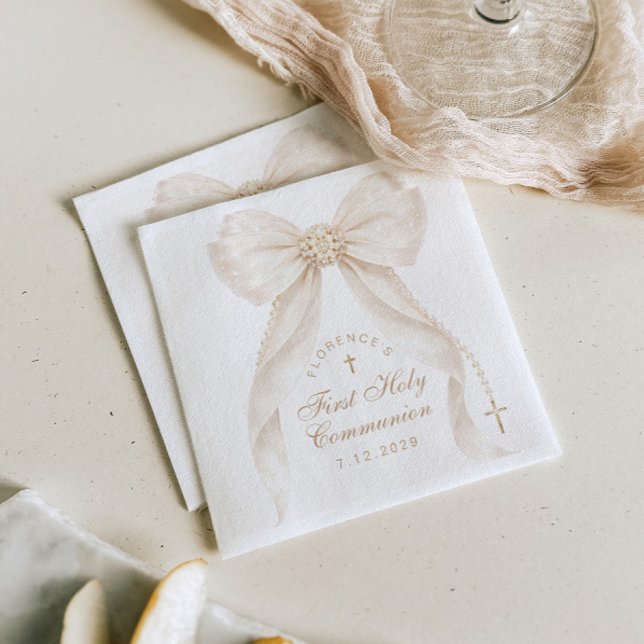 First Holy Communion Gold Cross Ivory Bow Napkins (Creator Uploaded)