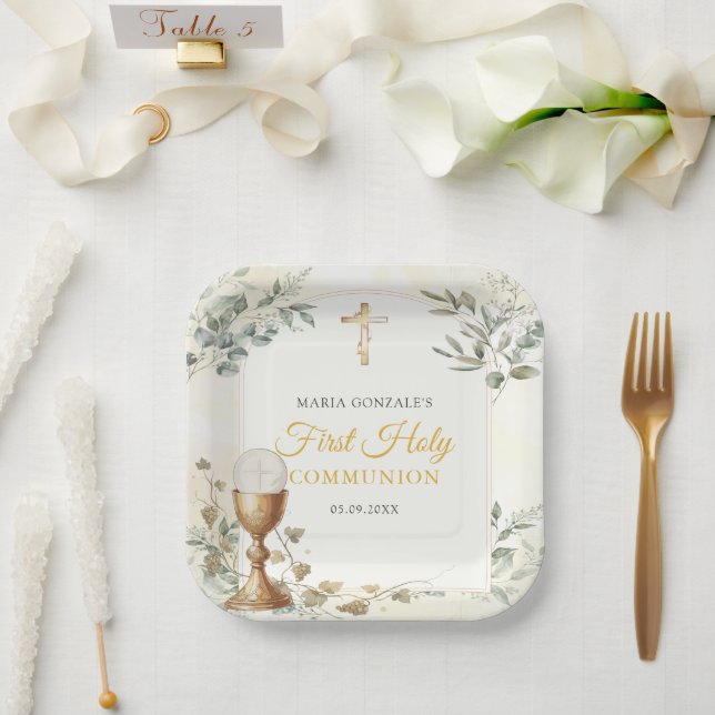 First Holy Communion Gold Cross Paper Plates (Wedding)