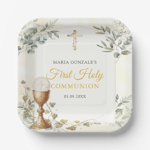 First Holy Communion Gold Cross Paper Plates