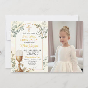 First Holy Communion Gold Cross Photo Invitation