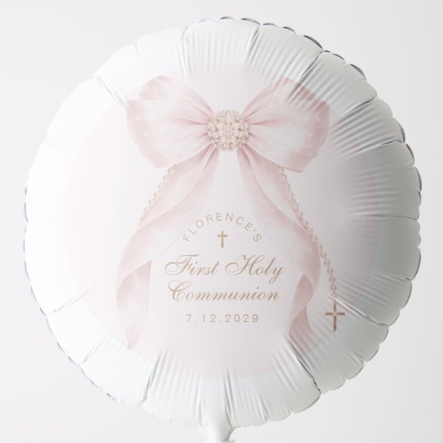 First Holy Communion Gold Cross Pink Bow Balloon (Front)