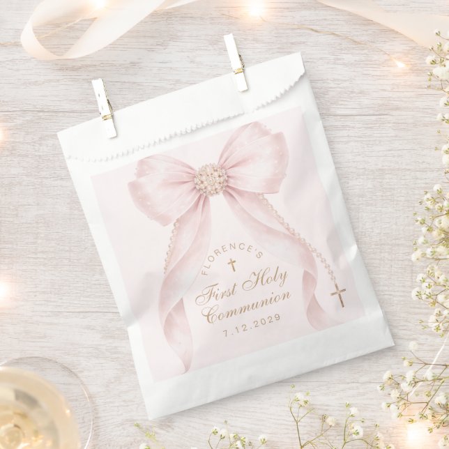 First Holy Communion Gold Cross Pink Bow Favor Bag (Clipped)