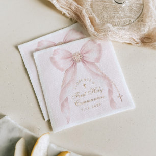 First Holy Communion Gold Cross Pink Bow Napkins