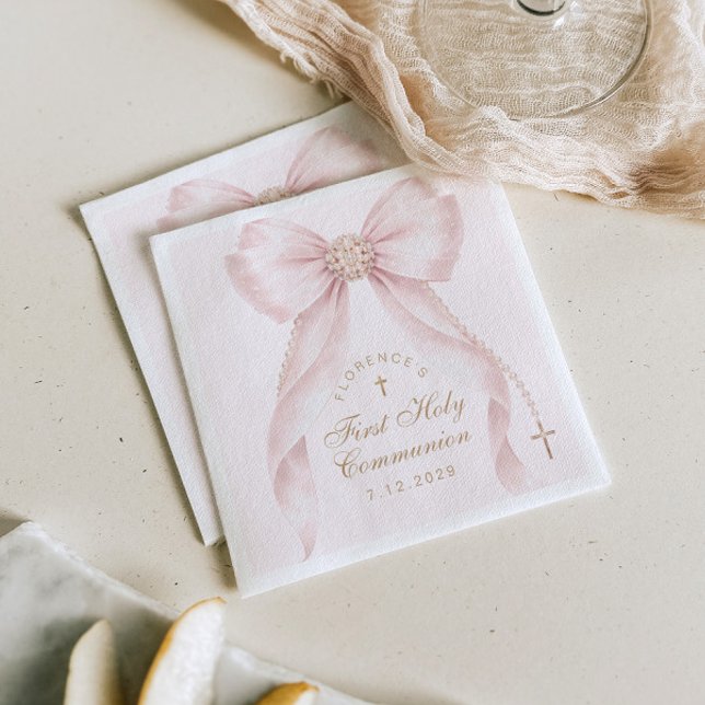 First Holy Communion Gold Cross Pink Bow Napkins (Creator Uploaded)