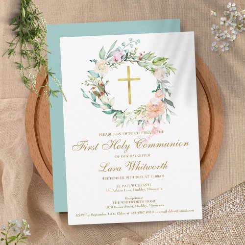 First Holy Communion Gold Cross Watercolor Floral Invitation