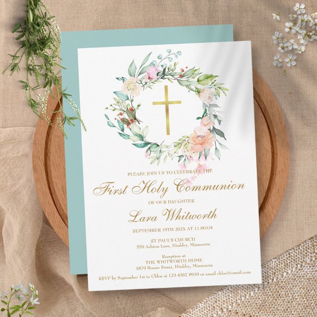 First Holy Communion Gold Cross Watercolor Floral Invitation (Creator Uploaded)