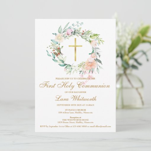 First Holy Communion Gold Cross Watercolor Floral Invitation | Zazzle