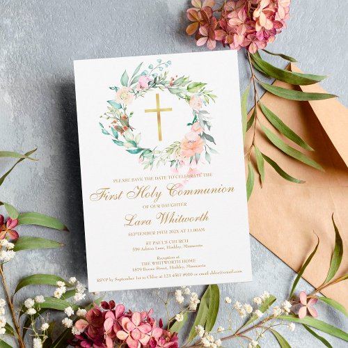 First Holy Communion Gold Cross Watercolor Floral Save The Date