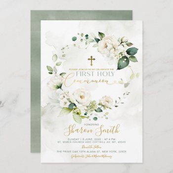 First Holy Communion Gold Cross White Floral Invitation by HappyPartyStudio at Zazzle