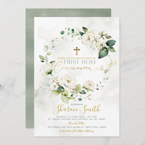 First Holy Communion Gold Cross White Floral Invitation