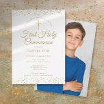 First Holy Communion Gold Dust Photo Save The Date<br><div class="desc">An elegant First Holy Communion save the date invitation featuring delicate gold dust. You can personalize with your celebration details in chic gold text and a special photo on the reverse. Designed by Thisisnotme©</div>
