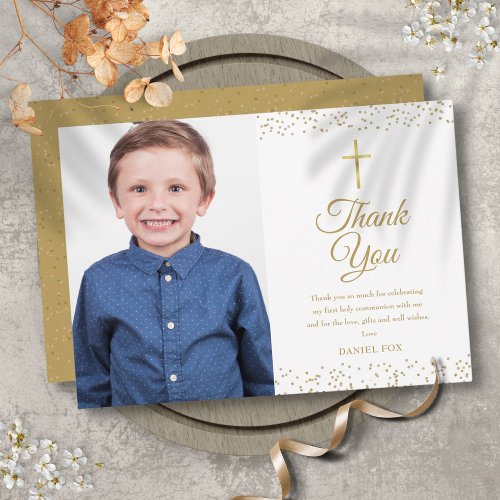 First Holy Communion Gold Dust Photo Thank You Card