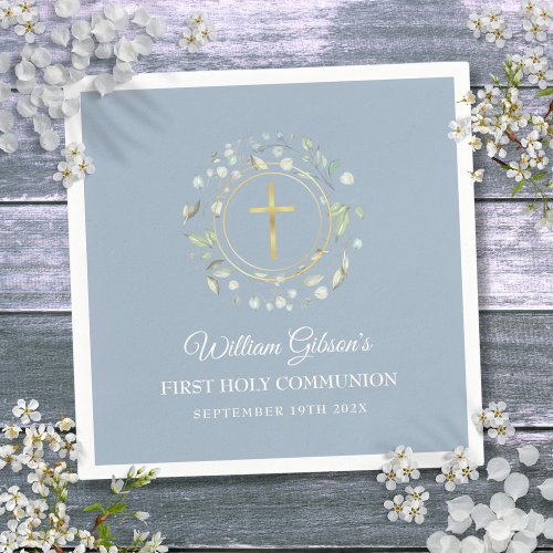 First Holy Communion Gold Greenery Dusty Blue Napkins