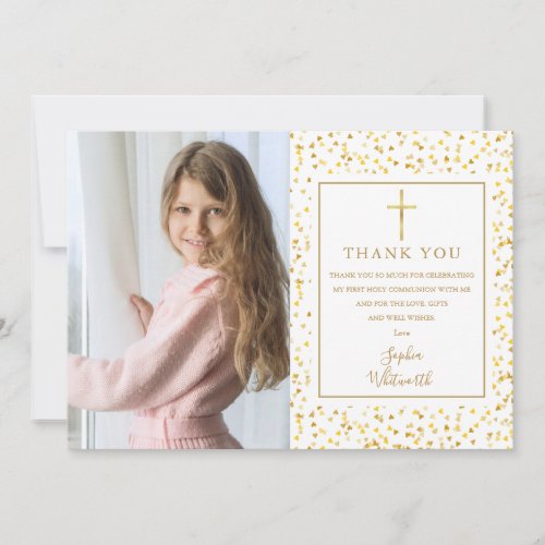 First Holy Communion Gold Hearts Confetti Photo Thank You Card