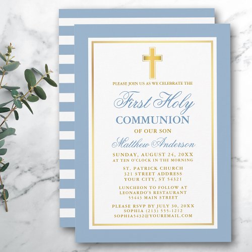 First Holy Communion Gold Light Blue Striped Invitation