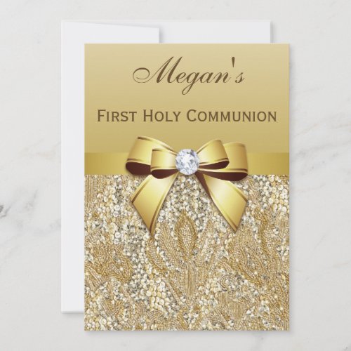 First Holy Communion Gold Sequins Bow Diamond Invitation