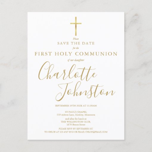 First Holy Communion Gold Signature Save The Date Announcement Postcard ...