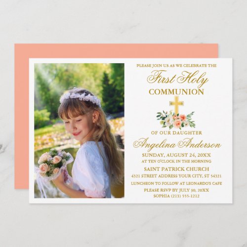 First Holy Communion Gold Watercolor Peach Floral Invitation