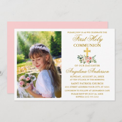 First Holy Communion Gold Watercolor Pink Floral Invitation