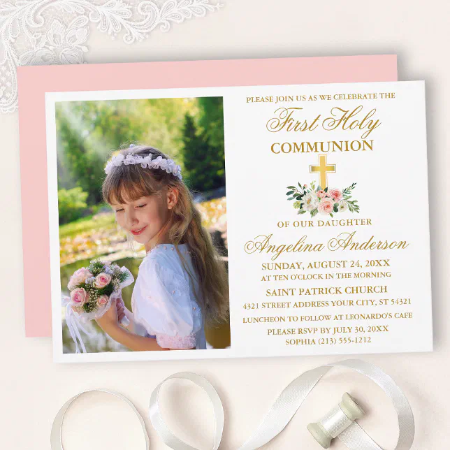 First Holy Communion Gold Watercolor Pink Floral Invitation | Zazzle