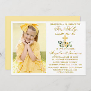First Holy Communion Gold Watercolor Yellow Floral Invitation
