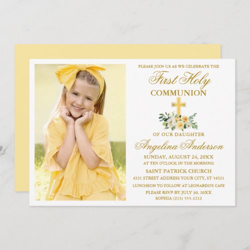 First Holy Communion Gold Watercolor Yellow Floral Invitation