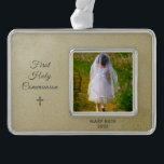 First Holy Communion Gold with Silver Trim Christmas Ornament<br><div class="desc">Gold with Silver trim photo ornament with First Holy Communion text and cross.  Personalize with name and year. Special Keepsake that can be displayed during the holidays or gifted as a treasured keepsake.</div>