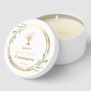 First Holy Communion golden circle green leaves Mini Candle Favors