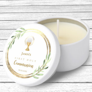 First Holy Communion golden circle green leaves Mini Candle Favors