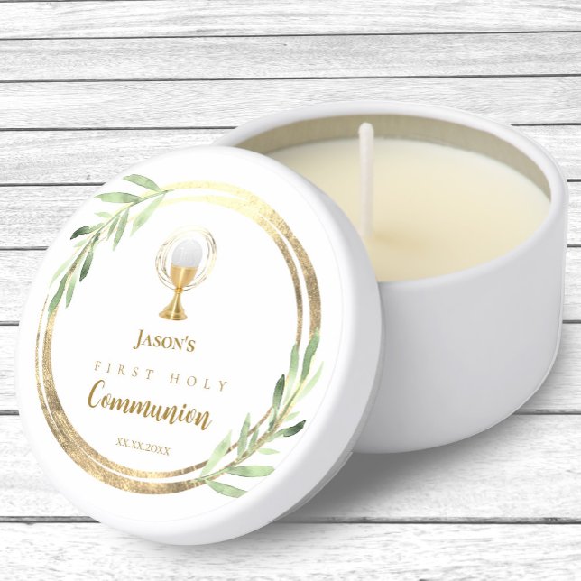 First Holy Communion golden circle green leaves Mini Candle Favors (Creator Uploaded)