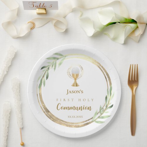 First Holy Communion golden circle green leaves