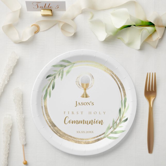 First Holy Communion golden circle green leaves Paper Plates (Wedding)