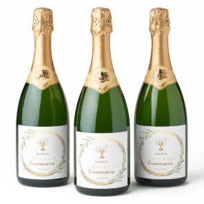 First Holy Communion golden circle green leaves Sparkling Wine Label