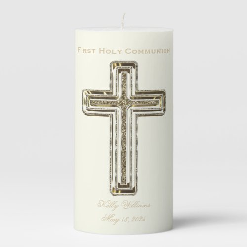 First Holy Communion Golden Cross Elegant Pillar Candle