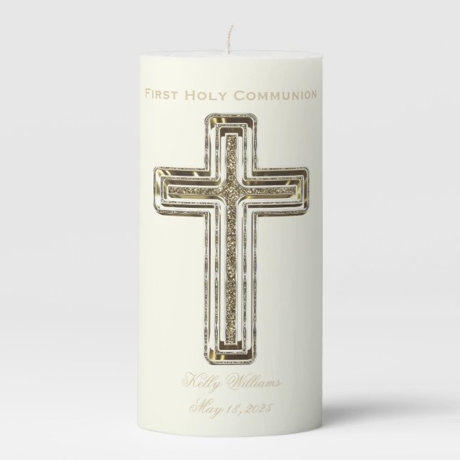First Holy Communion Golden Cross Elegant Pillar Candle (Front)