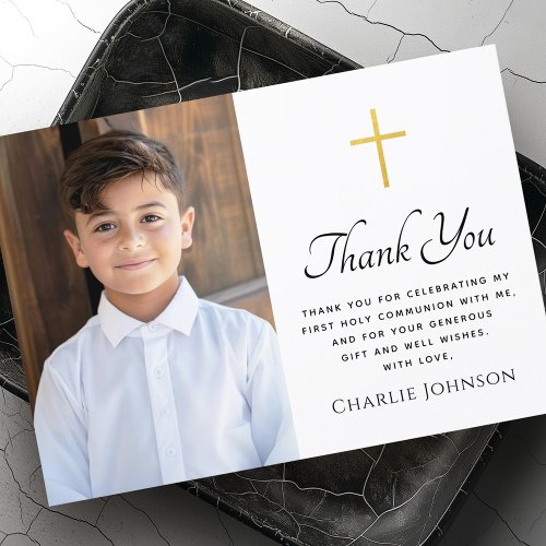 First holy communion golden gradient cross photo thank you card