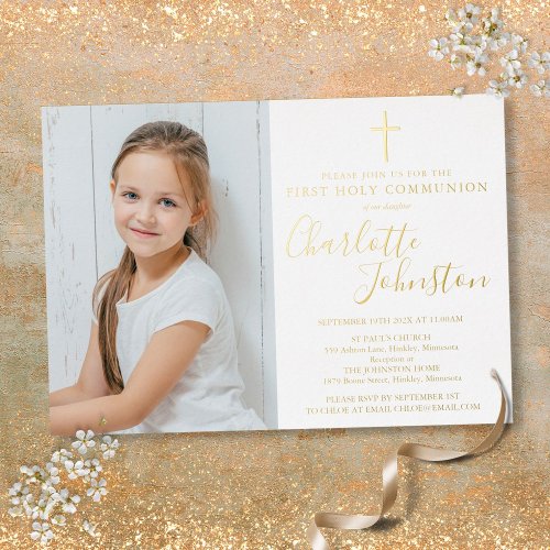 First Holy Communion Golden Script Photo Foil Invitation