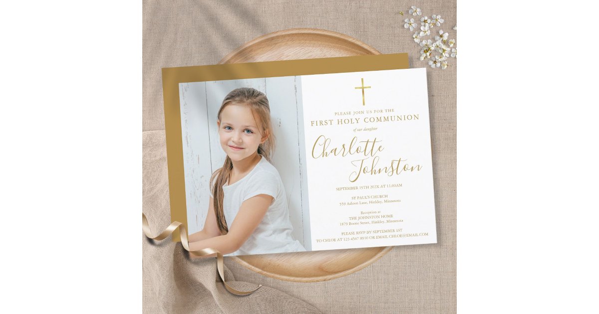 First Holy Communion Golden Script Photo Invitation | Zazzle