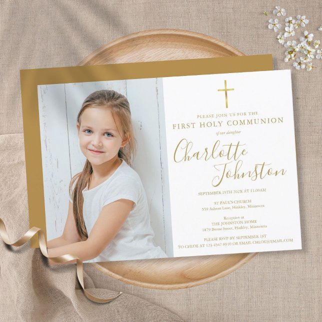 First Holy Communion Golden Script Photo Invitation (Creator Uploaded)