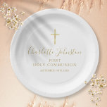 First Holy Communion Golden Signature Script Paper Plates<br><div class="desc">Featuring golden script signature name. Personalize with your special first holy communion information in chic gold lettering  Designed by Thisisnotme©</div>